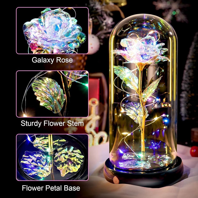 CRAZYABBS Artificial Plastic Rose Galaxy Glass Rose Flower and Butterfly with Led Light Great Gift Ideas for Valentines Mothers Day Birthday AnniversaryPack of 1 Rose Flower Gift with Leaf - Image 4
