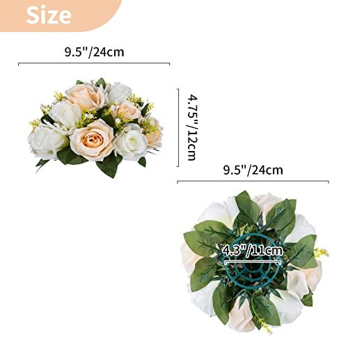 NUPTIO Pcs of 10 Fake Flower Ball Arrangement Bouquet,15 Heads Plastic Roses with Base, Suitable for Our Store's Wedding Centerpiece Flower Rack for Parties Valentine's Day Home Décor (Champagne & White) - Image 5