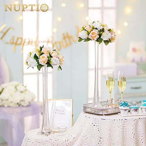 NUPTIO Pcs of 10 Fake Flower Ball Arrangement Bouquet,15 Heads Plastic Roses with Base, Suitable for Our Store's Wedding Centerpiece Flower Rack for Parties Valentine's Day Home Décor (Champagne & White) - Image 2