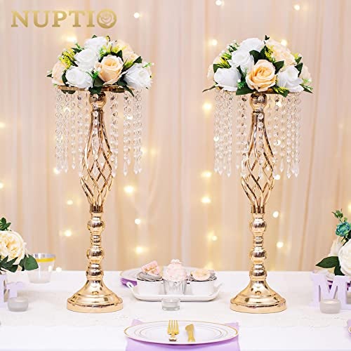 NUPTIO Pcs of 10 Fake Flower Ball Arrangement Bouquet,15 Heads Plastic Roses with Base, Suitable for Our Store's Wedding Centerpiece Flower Rack for Parties Valentine's Day Home Décor (Champagne & White) - Image 3