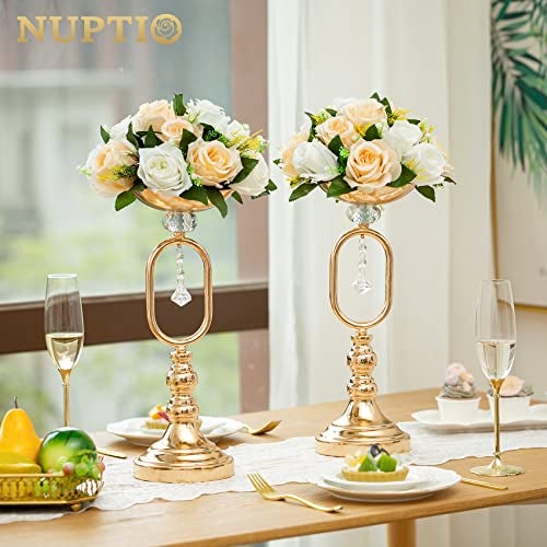 NUPTIO Pcs of 10 Fake Flower Ball Arrangement Bouquet,15 Heads Plastic Roses with Base, Suitable for Our Store's Wedding Centerpiece Flower Rack for Parties Valentine's Day Home Décor (Champagne & White) - Image 4
