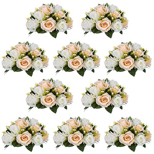 NUPTIO Pcs of 10 Fake Flower Ball Arrangement Bouquet,15 Heads Plastic Roses with Base, Suitable for Our Store's Wedding Centerpiece Flower Rack for Parties Valentine's Day Home Décor (Champagne & White) - Image 1
