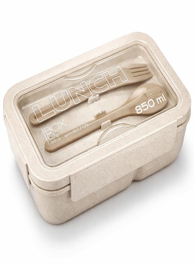 ATETO Wheat Fiber Lunch Box 850ml with Spoon & Fork | Leakproof Bento Tiffin Box with 2 Compartments | Airtight Microwave Safe Food Container for Office, School, Kids, Travel & Daily Use - Image 1