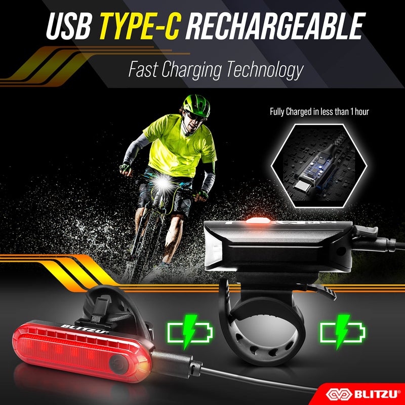 BLITZU Bike Lights for Night Riding, USB-C Rechargeable Bike Lights Front and Back, Waterproof Bicycle Light for Cycling Safety, Bike Headlight, Tail Light Reflectors Set, Long Battery Life, Easy to Install - Image 3