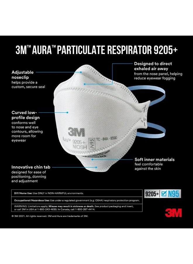 3M - 3M Aura Particulate Respirator 9205+ N95, Lightweight, Three Panel Designed Respirator Helps Provide Comfortable And Convenient Respiratory Protection, 10-Pack - Image 1