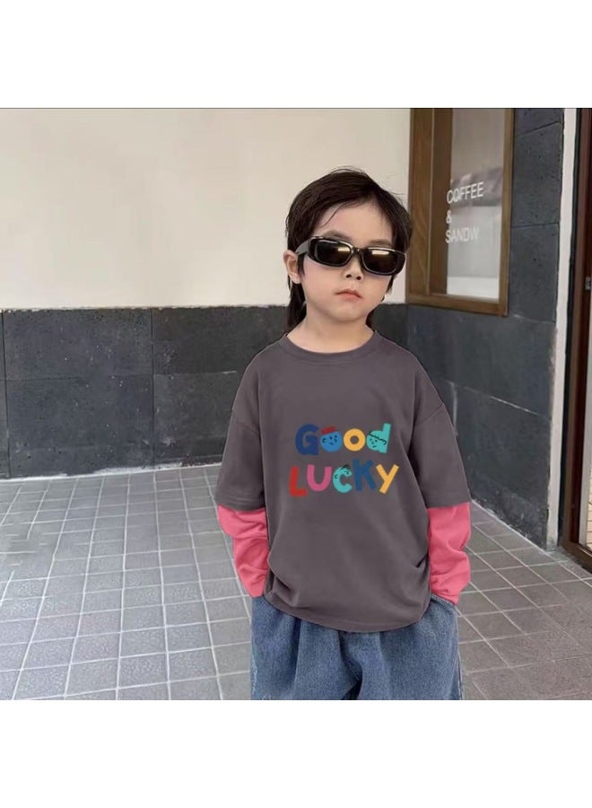 Boys' Pure Cotton Base Shirt, New Spring And Autumn Style, Small And Medium-sized Children's Faux Two-piece Long-sleeve Top, Girls' Autumn Outerwear Trendy Style