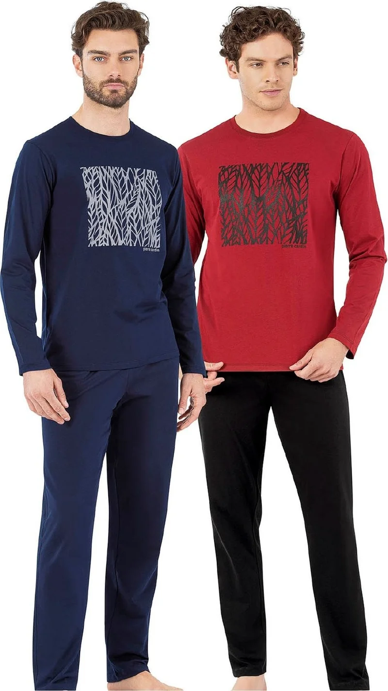 بيير كاردان 6066 Men's Long Sleeve Crew Neck Pajama Set-Burgundy