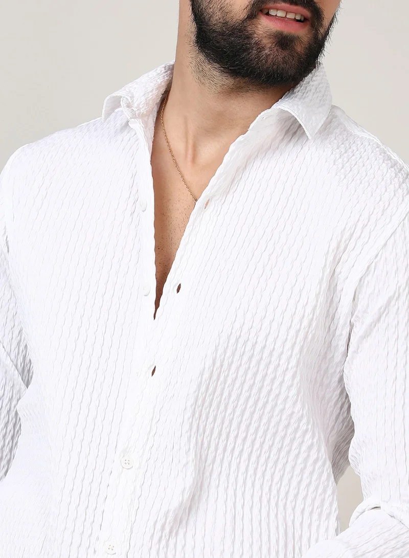 CAHOOT  Men's Chalk White Twisted Crease Shirt For Casual Wear | Spread Collar | Long Sleeve | Button Closure | Shirt Crafted With Comfort Fit For Everyday Wear for Men | Best Price UAE