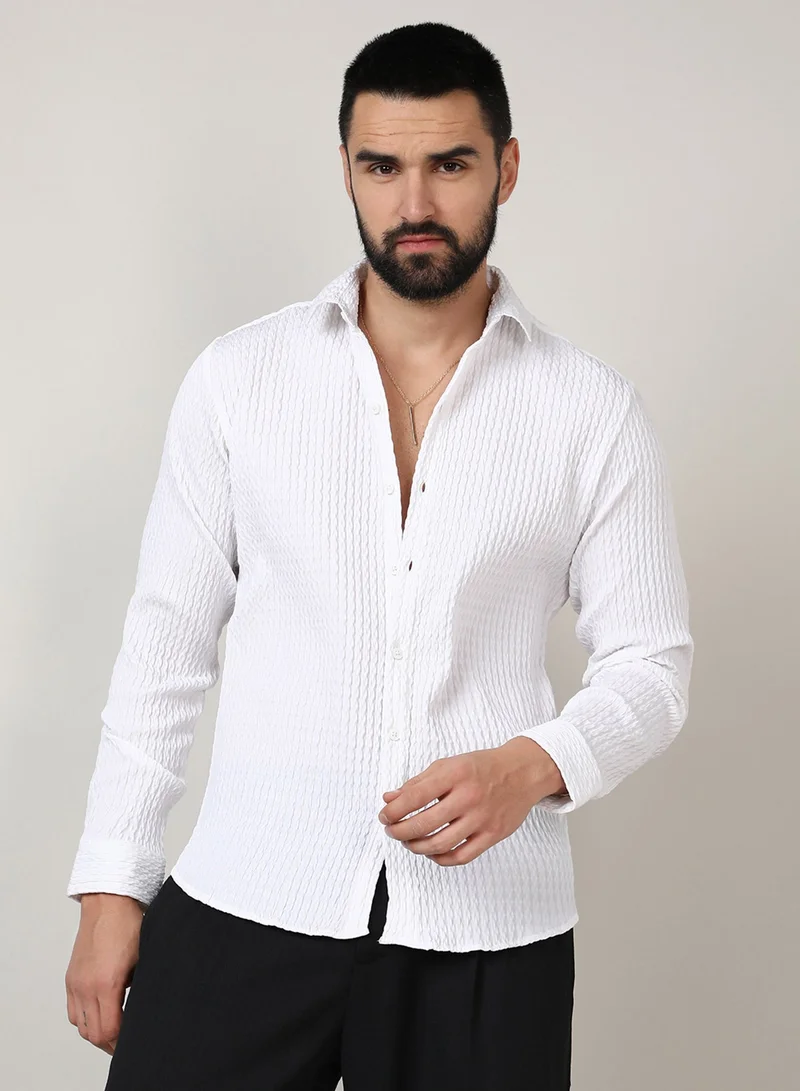 Men's Chalk White Twisted Crease Shirt For Casual Wear | Spread Collar | Long Sleeve | Button Closure | Shirt Crafted With Comfort Fit For Everyday Wear
