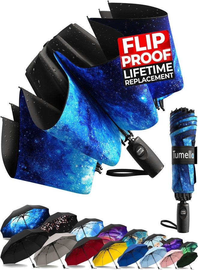 TUMELLA Flip-proof Inverted Travel Umbrella, Small Strong but Light Portable and Automatic Reverse Folding Rain Umbrella, Durable Premium Grip, Fits Car & Backpack, C. Stellar Glow, 46 inches, Modern - Image 1