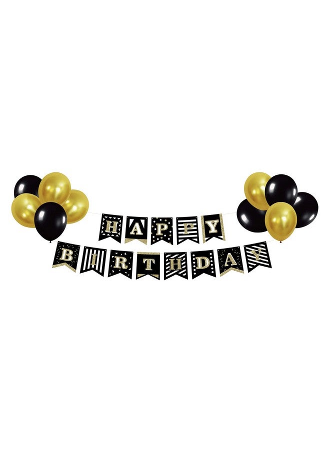 Oojami Black Happy Birthday Bunting Banner With Shiny Glitter Gold Letter Birthday Party Supplies Decorations Includes Balloons - Image 1