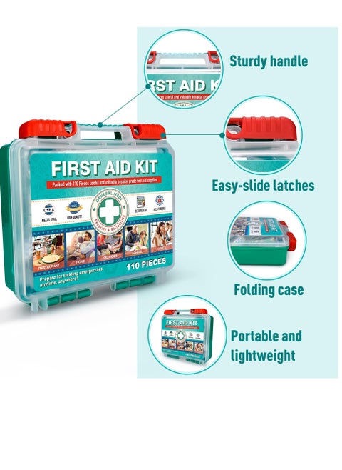 Mini First Aid Kit, 110 Pieces Small First Aid Kit - Includes Emergency Foil Blanket, Scissors for Travel, Home, Office, Vehicle, Camping, Workplace & Outdoor