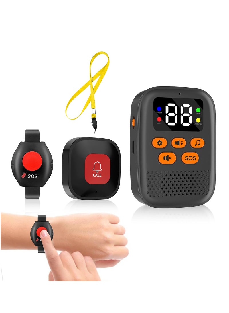 XiuWoo Call bell, 1 Caregiver Call Button and 1 Wrist Watch Alert Button for Seniors at Home and1 Caregiver Pager with Vibration, Led Display, Mute Panic Button, Call Button for Elderly at Home  - Image 1
