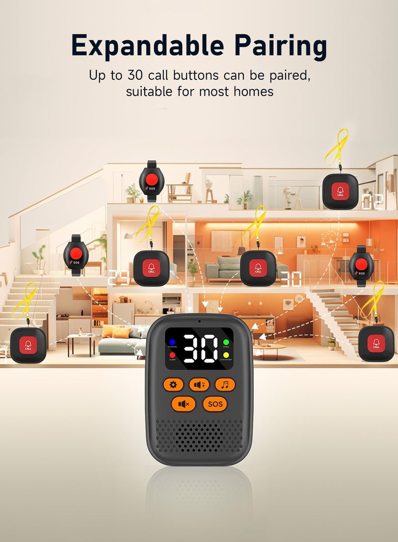 XiuWoo Call bell, 1 Caregiver Call Button and 1 Wrist Watch Alert Button for Seniors at Home and1 Caregiver Pager with Vibration, Led Display, Mute Panic Button, Call Button for Elderly at Home  - Image 3