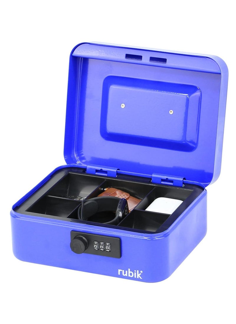 Rubik - Medium Cash Box with Tray and Combination Lock Portable Durable Register Money Box Safe for Bills Jewelry Receipts Coins (20x16x9cm) Blue - Image 1