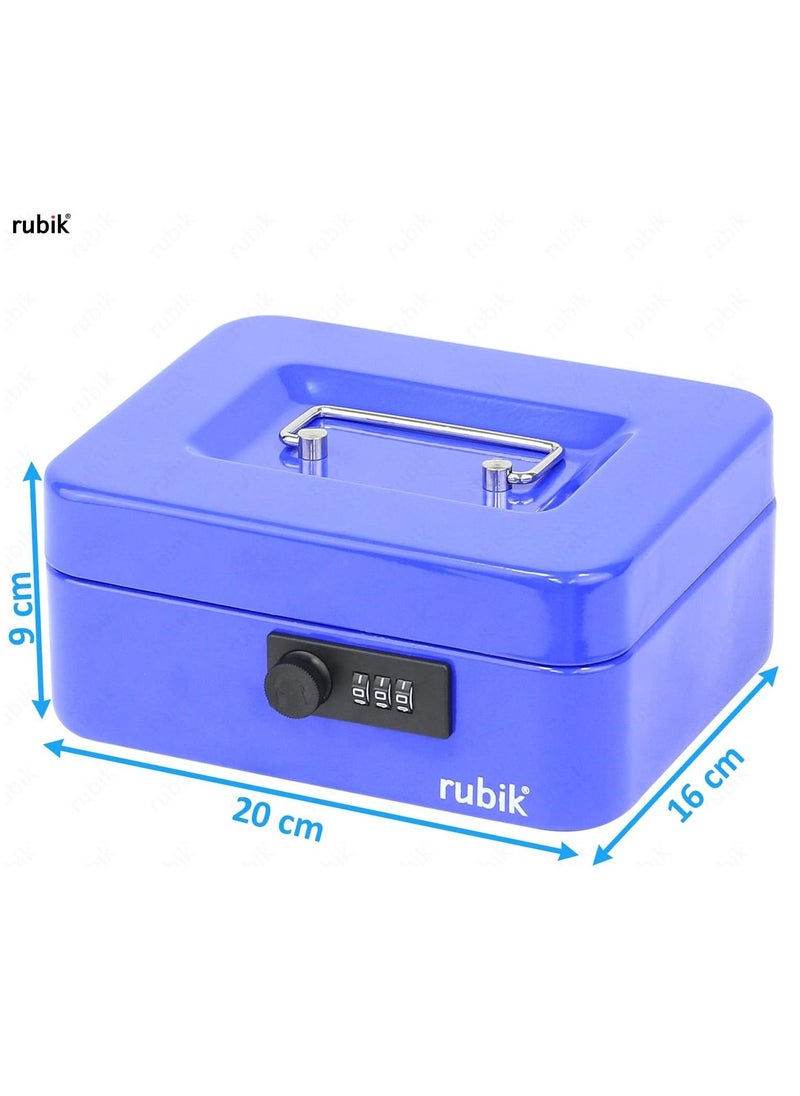 Rubik - Medium Cash Box with Tray and Combination Lock Portable Durable Register Money Box Safe for Bills Jewelry Receipts Coins (20x16x9cm) Blue - Image 1