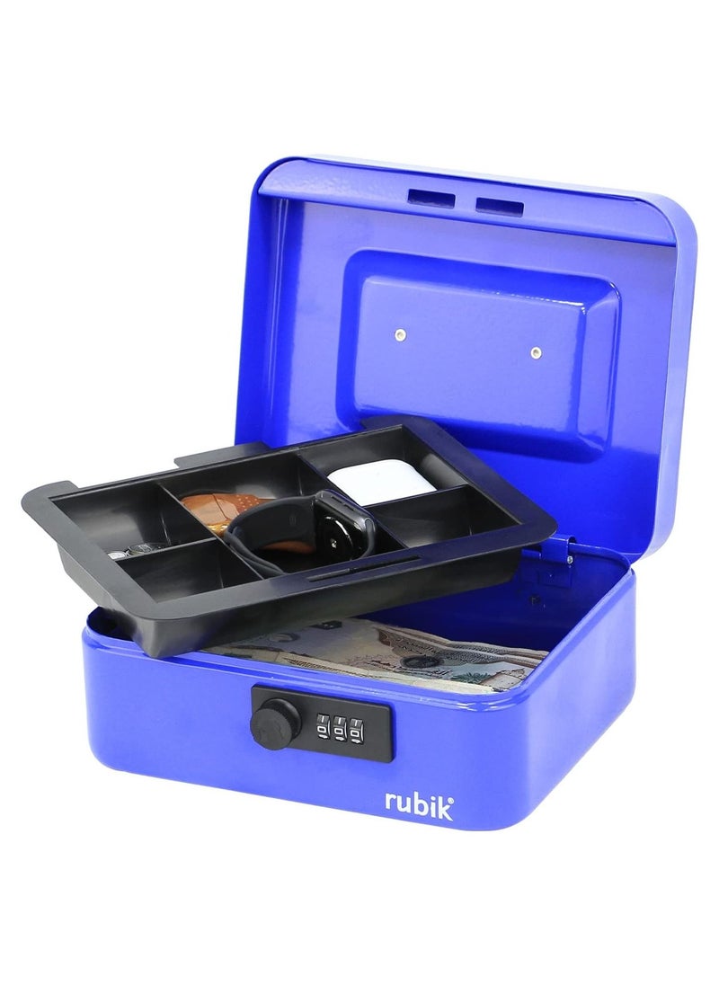 Rubik - Medium Cash Box with Tray and Combination Lock Portable Durable Register Money Box Safe for Bills Jewelry Receipts Coins (20x16x9cm) Blue - Image 1