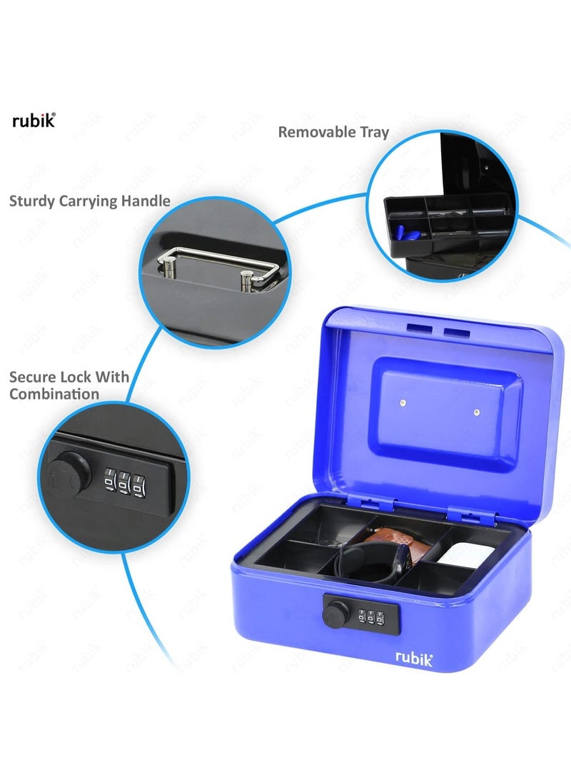 Rubik - Medium Cash Box with Tray and Combination Lock Portable Durable Register Money Box Safe for Bills Jewelry Receipts Coins (20x16x9cm) Blue - Image 1