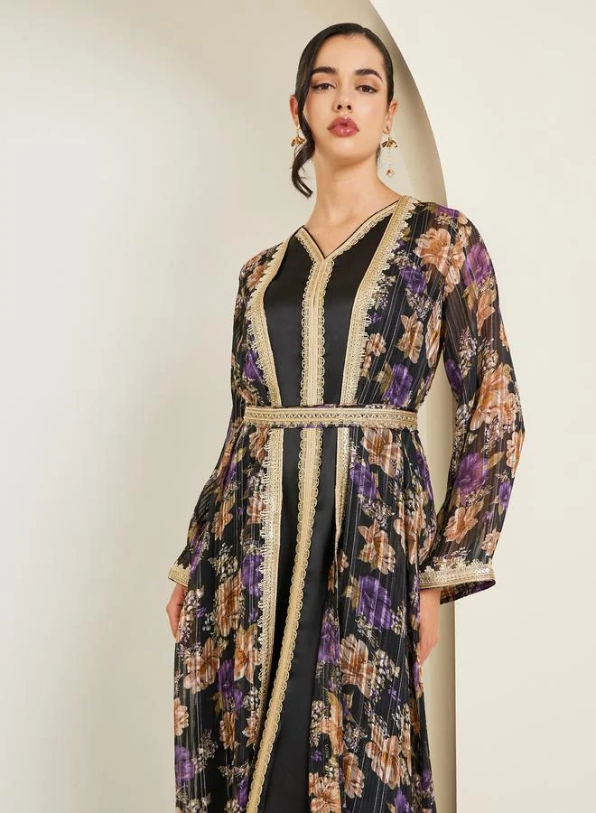 Amirah Women Black Printed Embroidered Golden Lace Kaftan