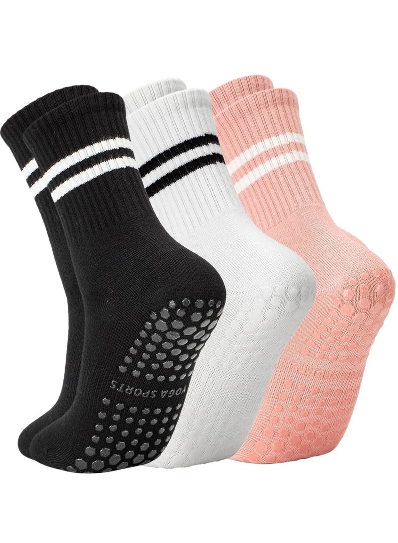 3 Pairs Non-Slip Yoga Socks for Women - Pilates, Ballet, Dance, Workout, and Hospital Use Non-Slip Pilates Socks for Barre Ballet Dance Workout Socks Black Grey Pink - Image 1