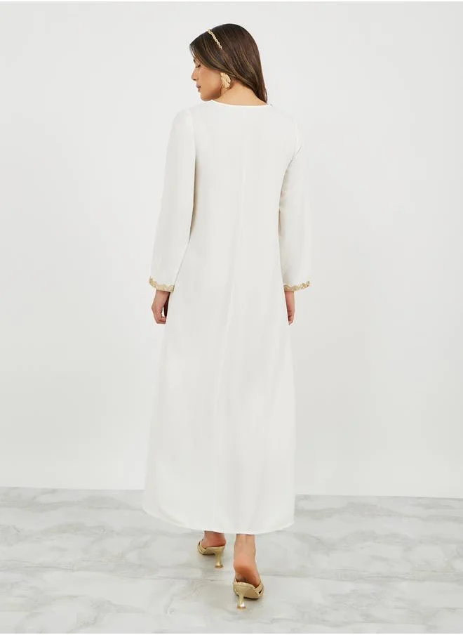 Styli Lace Trim Detail V Neck Jalabiya with Flared Hem