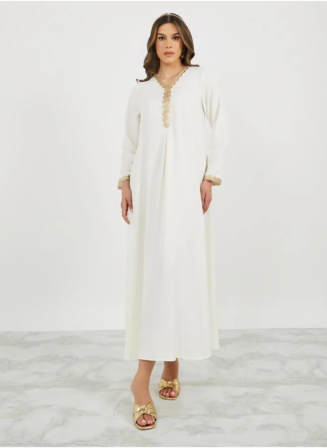 Styli Lace Trim Detail V Neck Jalabiya with Flared Hem