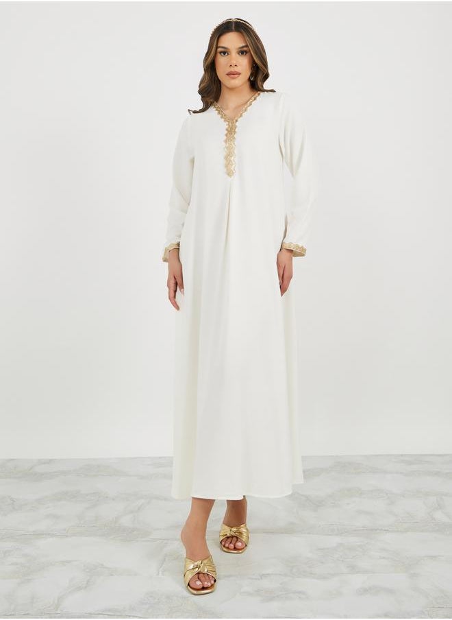 Styli Lace Trim Detail V Neck Jalabiya with Flared Hem  - Image 3