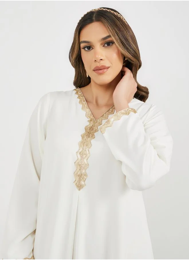 Styli Lace Trim Detail V Neck Jalabiya with Flared Hem