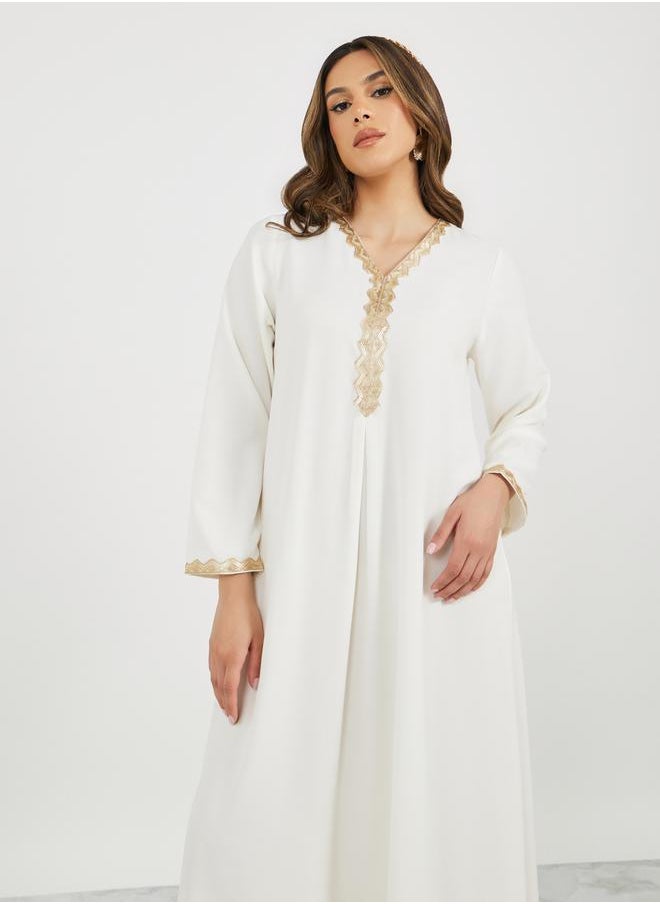 Styli Lace Trim Detail V Neck Jalabiya with Flared Hem  - Image 2