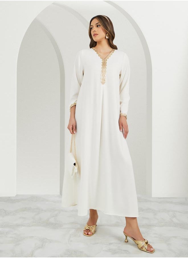 Styli Lace Trim Detail V Neck Jalabiya with Flared Hem  - Image 1