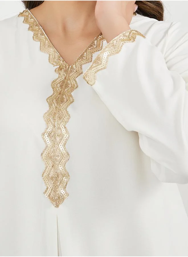Styli Lace Trim Detail V Neck Jalabiya with Flared Hem