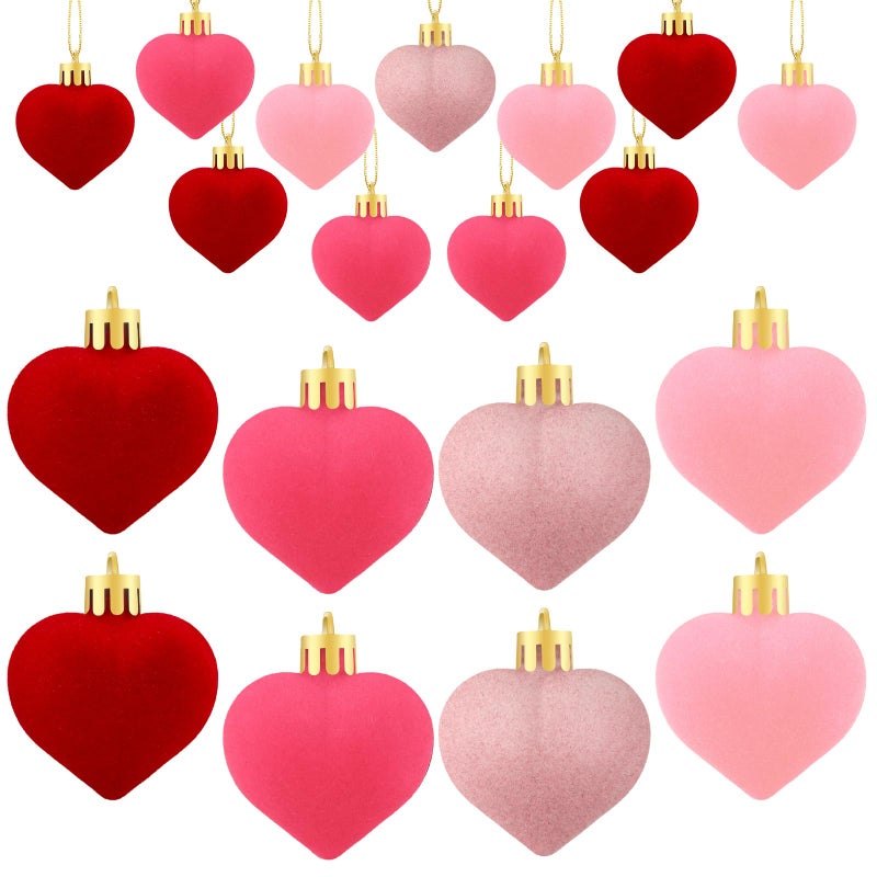 RoundFunny 24 Pcs Valentines Heart Hanging Ball Ornaments for Tree, Artificial Velvet Fabric Decorations, Red Pink Decorative Baubles for Wedding Anniversary Party, 4 Colors - Image 1