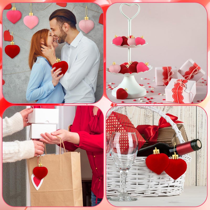 RoundFunny 24 Pcs Valentines Heart Hanging Ball Ornaments for Tree, Artificial Velvet Fabric Decorations, Red Pink Decorative Baubles for Wedding Anniversary Party, 4 Colors - Image 5