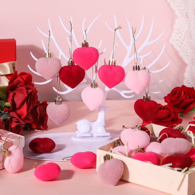 RoundFunny 24 Pcs Valentines Heart Hanging Ball Ornaments for Tree, Artificial Velvet Fabric Decorations, Red Pink Decorative Baubles for Wedding Anniversary Party, 4 Colors - Image 2