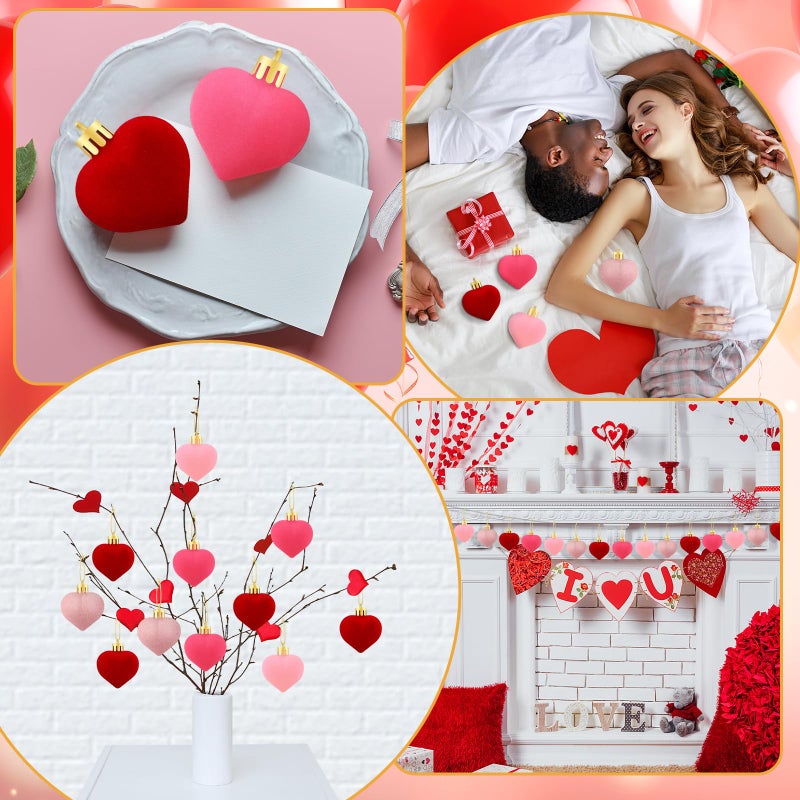 RoundFunny 24 Pcs Valentines Heart Hanging Ball Ornaments for Tree, Artificial Velvet Fabric Decorations, Red Pink Decorative Baubles for Wedding Anniversary Party, 4 Colors - Image 4