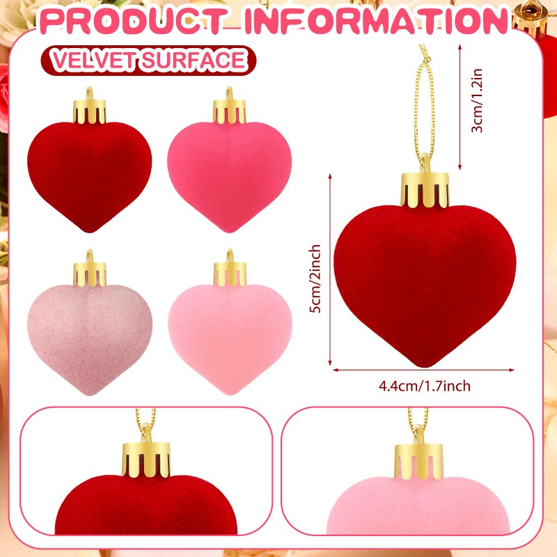 RoundFunny 24 Pcs Valentines Heart Hanging Ball Ornaments for Tree, Artificial Velvet Fabric Decorations, Red Pink Decorative Baubles for Wedding Anniversary Party, 4 Colors - Image 3