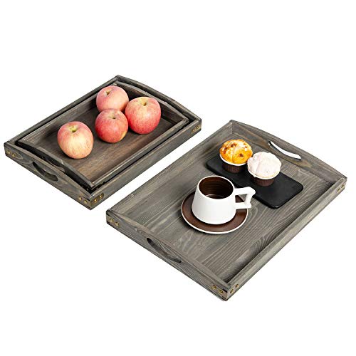 VERGOODR Country Farmhouse Rustic Wood Nesting Dinning Breakfast Serving Trays with Wood Handles, Set of 3,Can Put Food, Fruit, Plates｜Ottoman Decorative Coffee Table Tray (Rock Grey) - Image 4