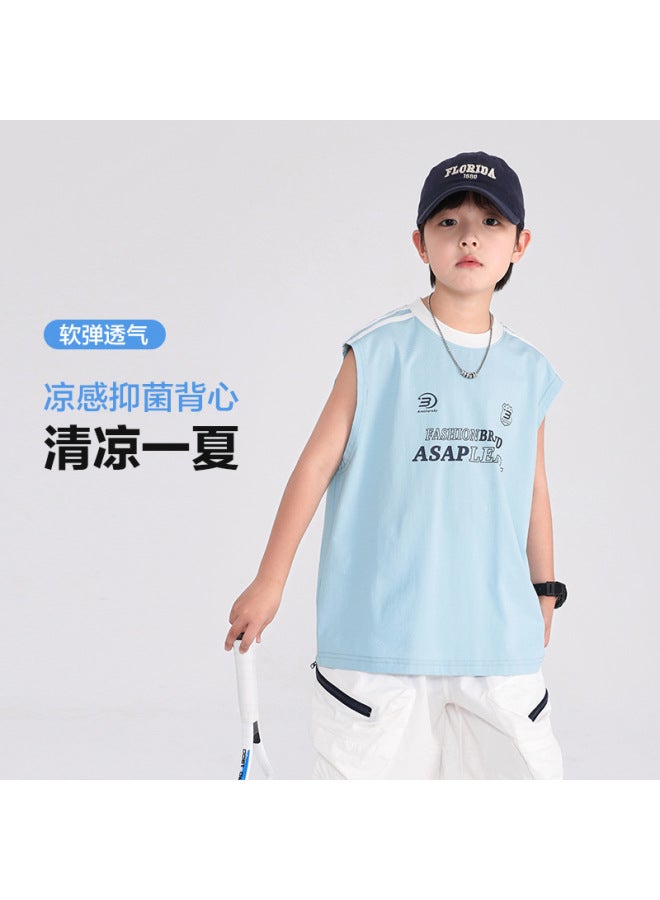 Boys' Summer Korean-style Sports Sleeveless T-shirt  New Children's Summer Clothing For Older Kids Half-sleeve Ice-feel Top