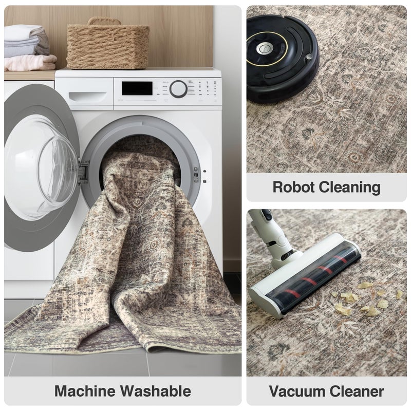 FMFUNCTEX 8x10 Washable Area Rug Vintage Neutral Distressed Large Taupe Non Slip Carpet for Living Room Bedroom Soft Low Pile Indoor Mat Retro Floral Throw Rug for Dining Room Kitchen Office Nursery - Image 5