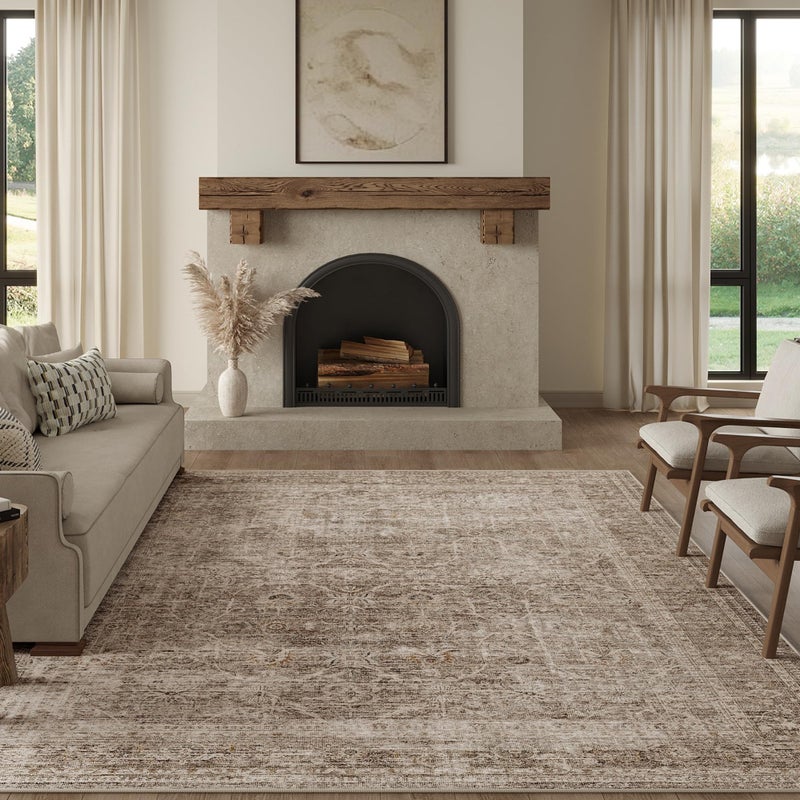 FMFUNCTEX 8x10 Washable Area Rug Vintage Neutral Distressed Large Taupe Non Slip Carpet for Living Room Bedroom Soft Low Pile Indoor Mat Retro Floral Throw Rug for Dining Room Kitchen Office Nursery - Image 1