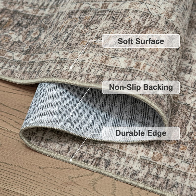 FMFUNCTEX 8x10 Washable Area Rug Vintage Neutral Distressed Large Taupe Non Slip Carpet for Living Room Bedroom Soft Low Pile Indoor Mat Retro Floral Throw Rug for Dining Room Kitchen Office Nursery - Image 3
