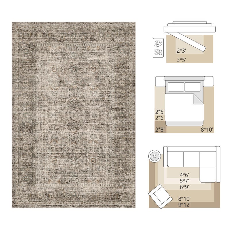 FMFUNCTEX 8x10 Washable Area Rug Vintage Neutral Distressed Large Taupe Non Slip Carpet for Living Room Bedroom Soft Low Pile Indoor Mat Retro Floral Throw Rug for Dining Room Kitchen Office Nursery - Image 2