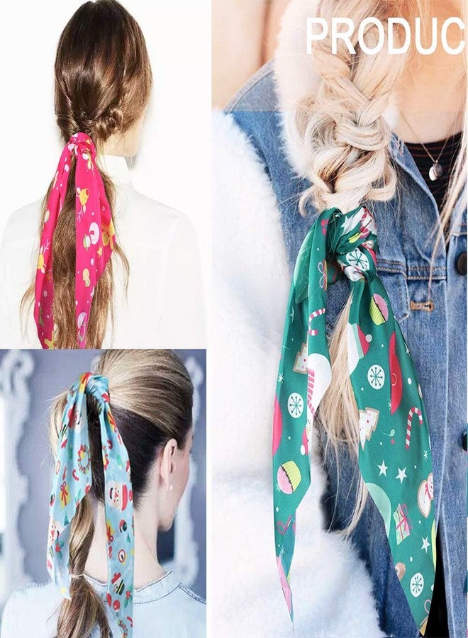 DINPREY 6 Pcs Christmas Scrunchies for Hair Christmas Hair Scarf Hair Accessories, Holiday Hair Scrunchies Silk Hair Scarfs with Ribbon Bow for Woman Girls, snowman santa claus Elastic Hair Ties Ponytail Holder for Christmas Costume Party (Satin hair scarf) - Image 2