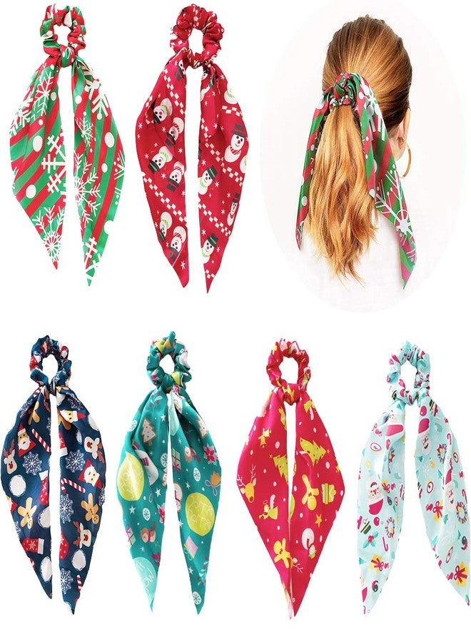 DINPREY 6 Pcs Christmas Scrunchies for Hair Christmas Hair Scarf Hair Accessories, Holiday Hair Scrunchies Silk Hair Scarfs with Ribbon Bow for Woman Girls, snowman santa claus Elastic Hair Ties Ponytail Holder for Christmas Costume Party (Satin hair scarf) - Image 1