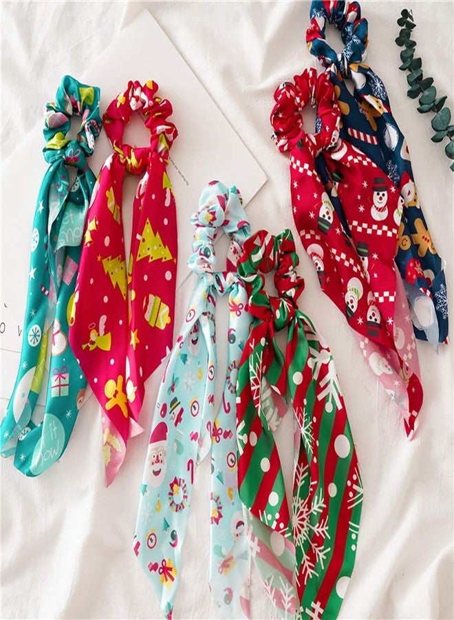 DINPREY 6 Pcs Christmas Scrunchies for Hair Christmas Hair Scarf Hair Accessories, Holiday Hair Scrunchies Silk Hair Scarfs with Ribbon Bow for Woman Girls, snowman santa claus Elastic Hair Ties Ponytail Holder for Christmas Costume Party (Satin hair scarf) - Image 3