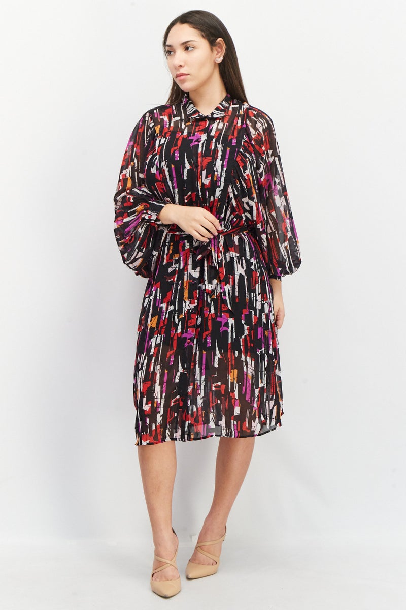 ESPRIT فستان ميدي مطبوع بالكامل للنساء، مجموعة سوداء - Image 1