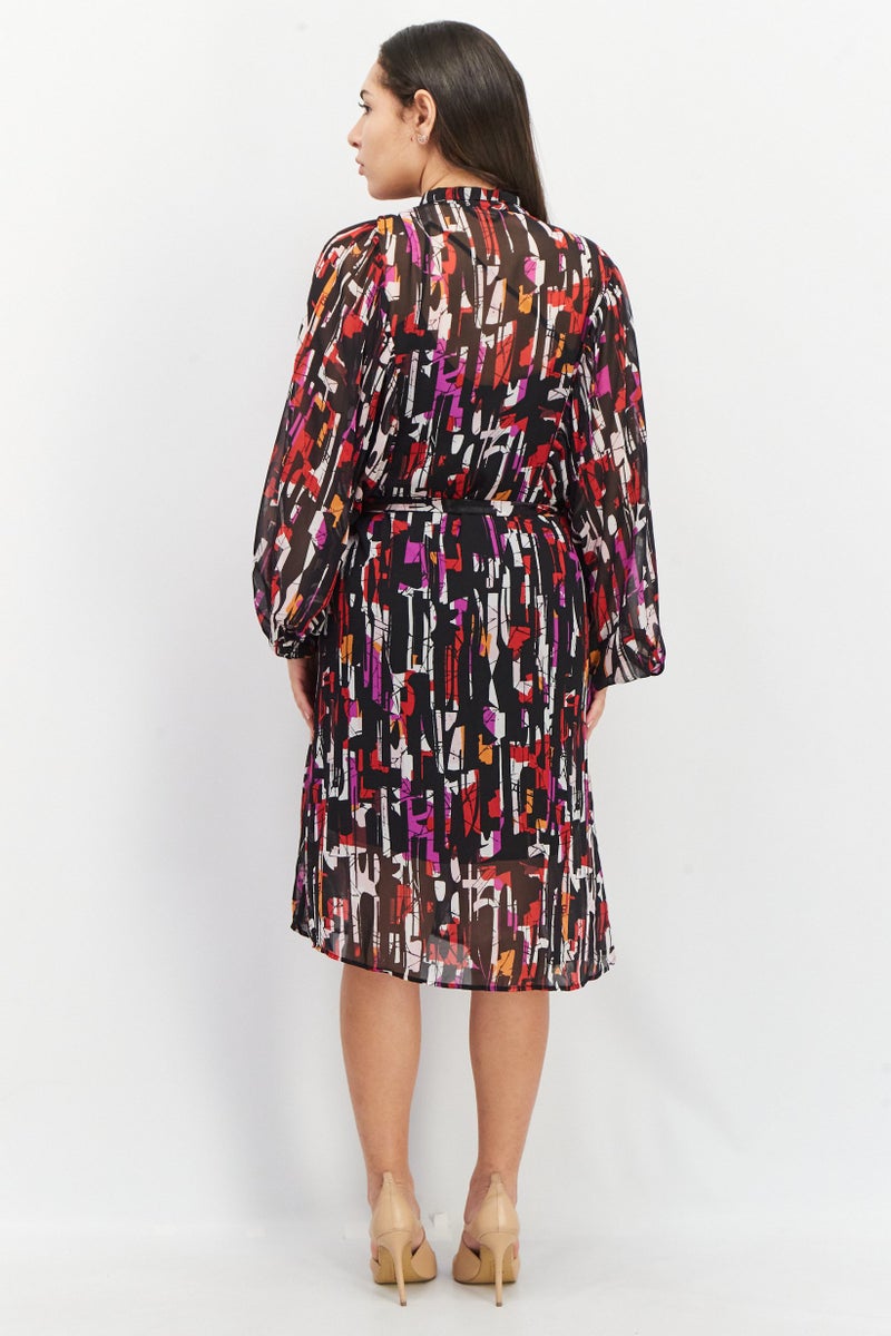 ESPRIT فستان ميدي مطبوع بالكامل للنساء، مجموعة سوداء - Image 3