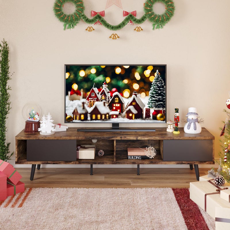 Bestier 70 inch Mid Century Modern TV Stand for 75 inch TV Low Profile TV Stand with Storage Entertainment Center for Living Room Cord Management Rustic Black