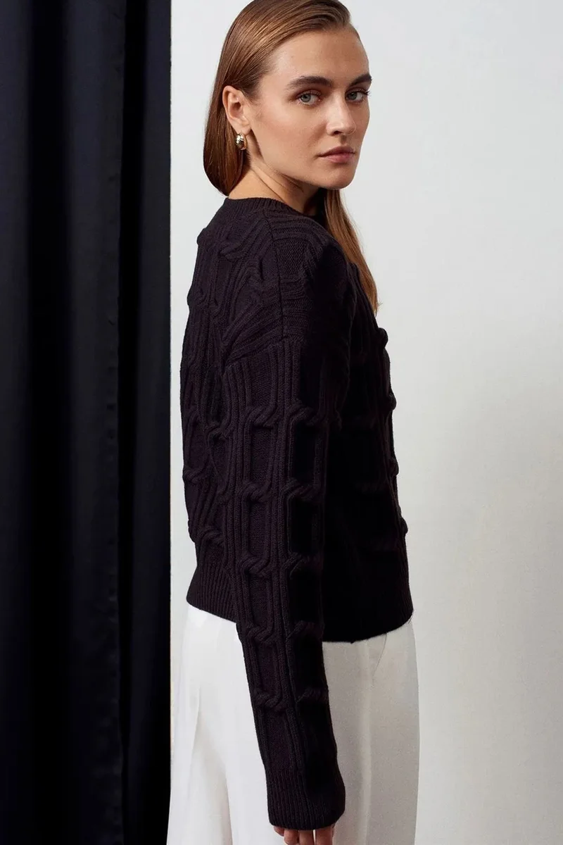 Dilvin Black DILVIN Textured Crew Neck Knit Sweater for Women | Best Price UAE