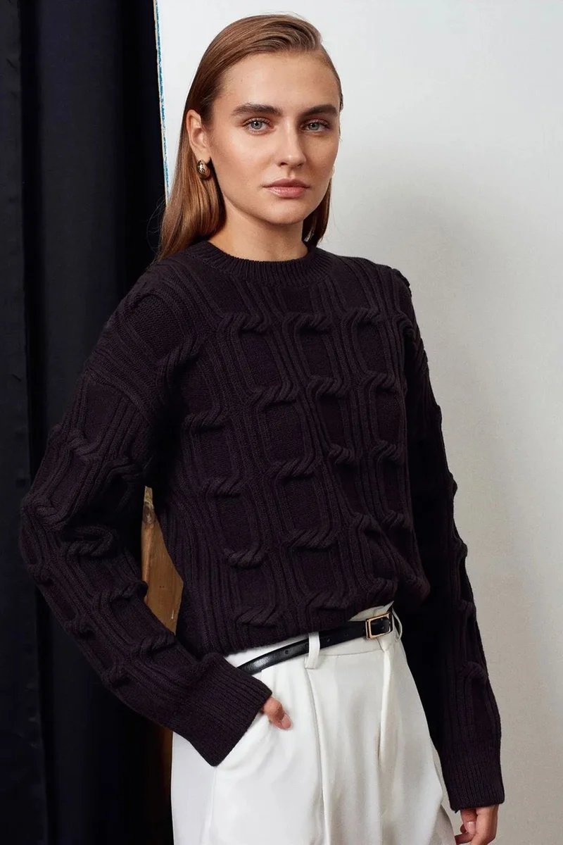 DILVIN Textured Crew Neck Knit Sweater